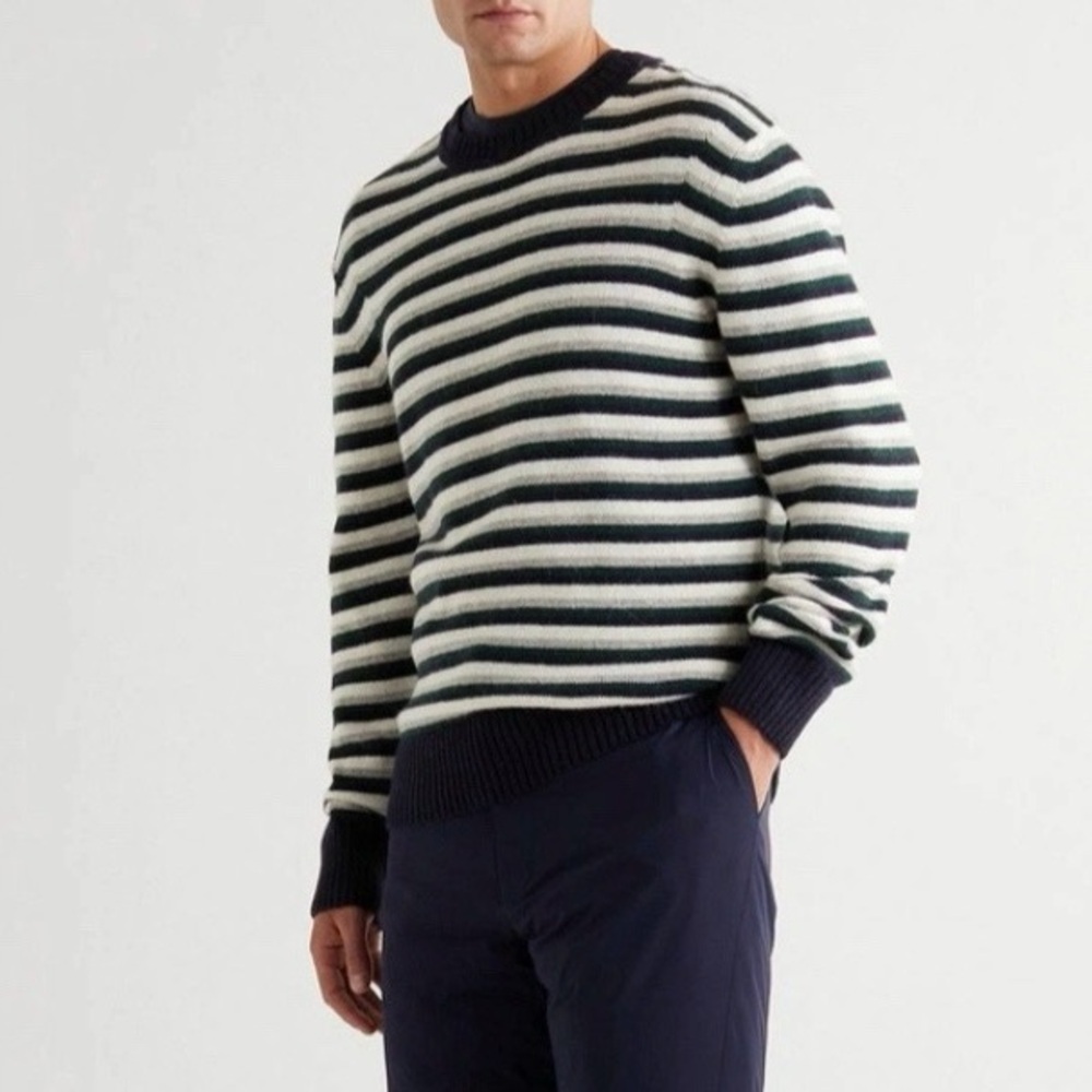 Orlebar Brown Lorca Striped Alpaca Sweater Knit Crewneck Pullover Navy Grey L-XL